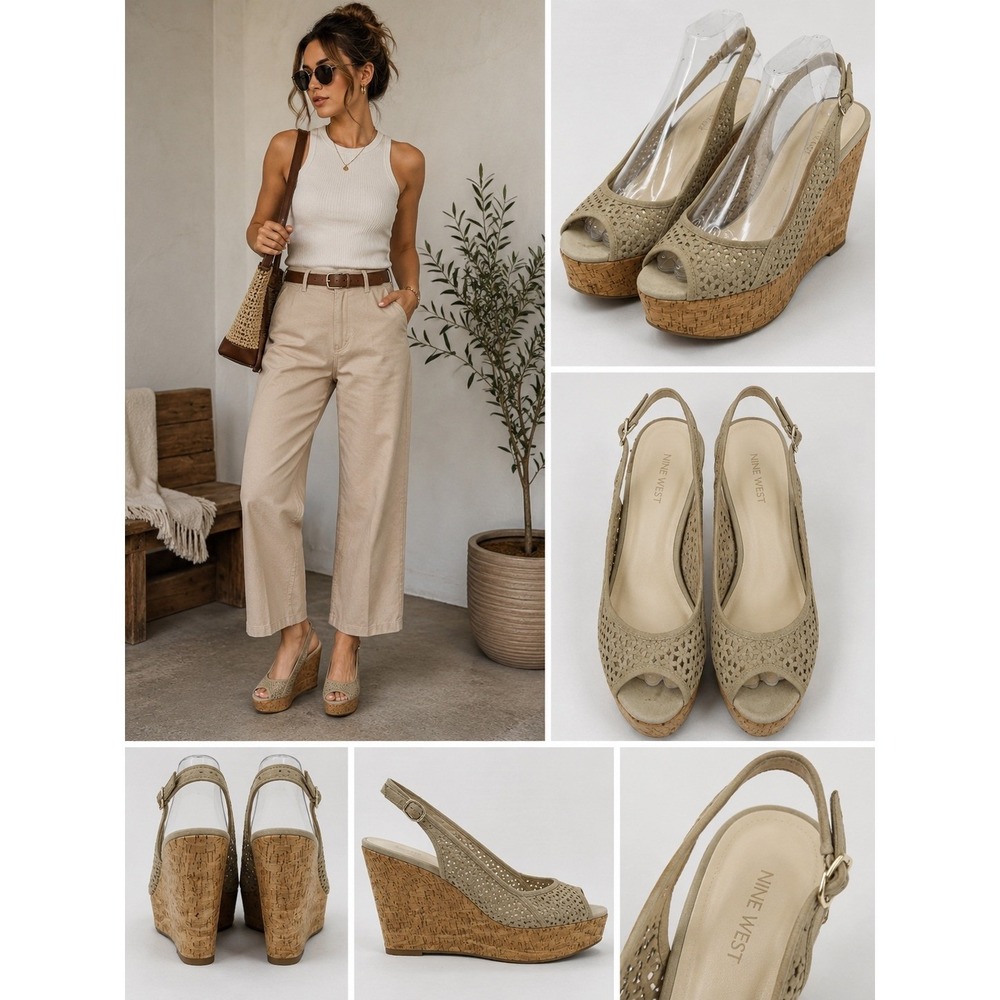 Nine West Taupe Perforated Cork Platform Wedge Slingback Sandals‎ Womens 8.5M